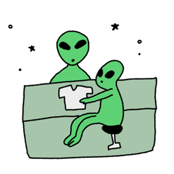 Tシャツを査定する宇宙人のイラスト